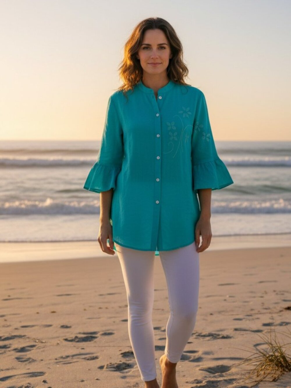 Chali‎ Mexico Teal/Turquoise Blue Button-Down Mandarin Collar 3/4 Sleeve Top